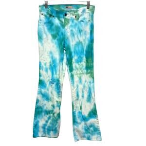 Custom Tie-Dyed Blue & Green Bootcut Stretch Denim Jeans - Size 30